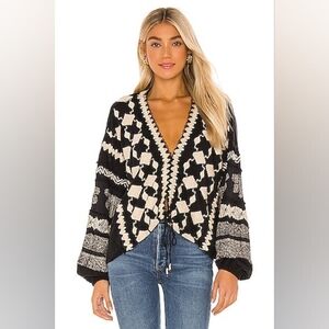 Free People Home Town Embroidered Volume Sleeve Blouse Oversized X-Small